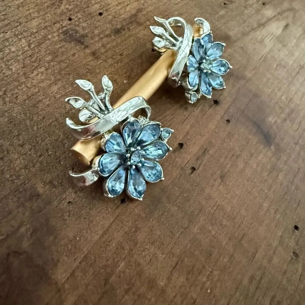 1950s Vintage Coro Rhinestone Earrings Light Pastel Blue Rhinestone Flowers Fanf